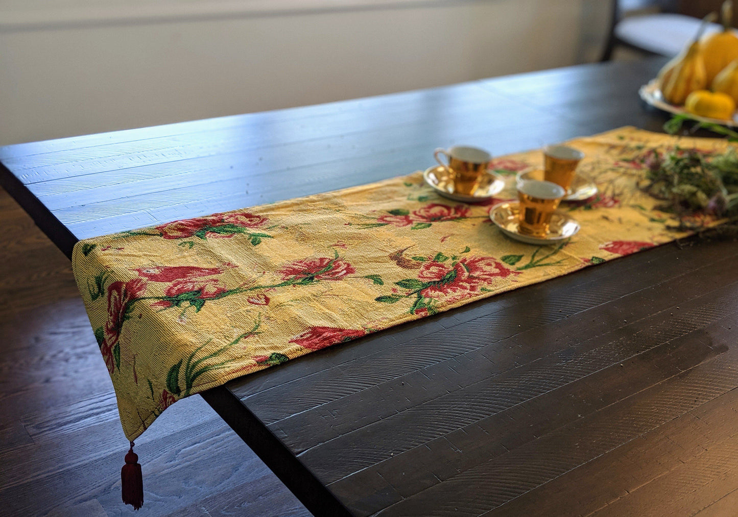 Tache Golden Woven Tapestry Table Runner - Red Roses & Hummingbirds (18115)