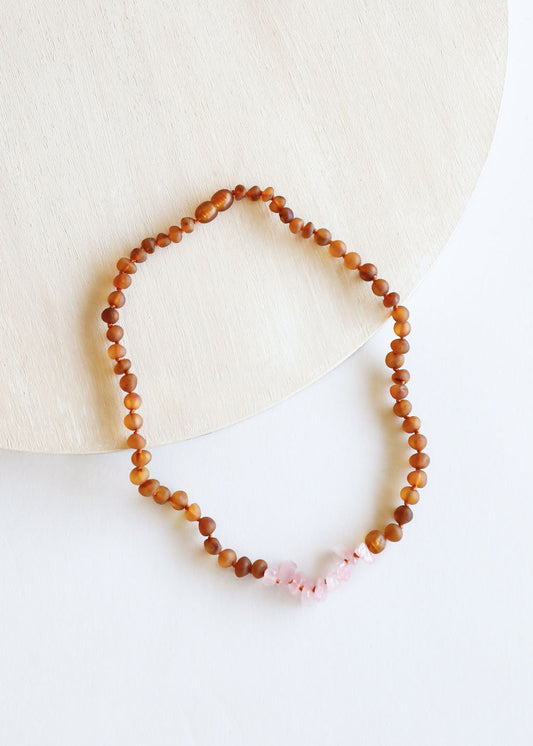 Raw Cognac Baltic Amber + Raw Rose Quartz || Necklace