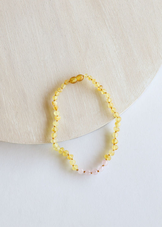 Raw Honey Baltic Amber + Rose Quartz || Necklace