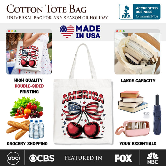 America Coquette Cherries Tote Bag, Patriotic 4th of July Gift Shopper - Shaketea