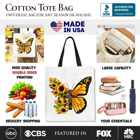 Faith Cross Butterfly Tote Bag, Christian Sunflower Floral Gift Shopper - Shaketea