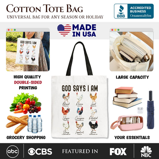 God Says I Am Christian Tote Bag, Rooster and Chicken Gift Shopper for Farm Style Lovers - Shaketea