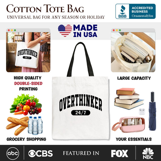 Over Thinker 24/7 Tote Bag, Minimalist Collegiate Gift Shopper for Tired Women - Shaketea