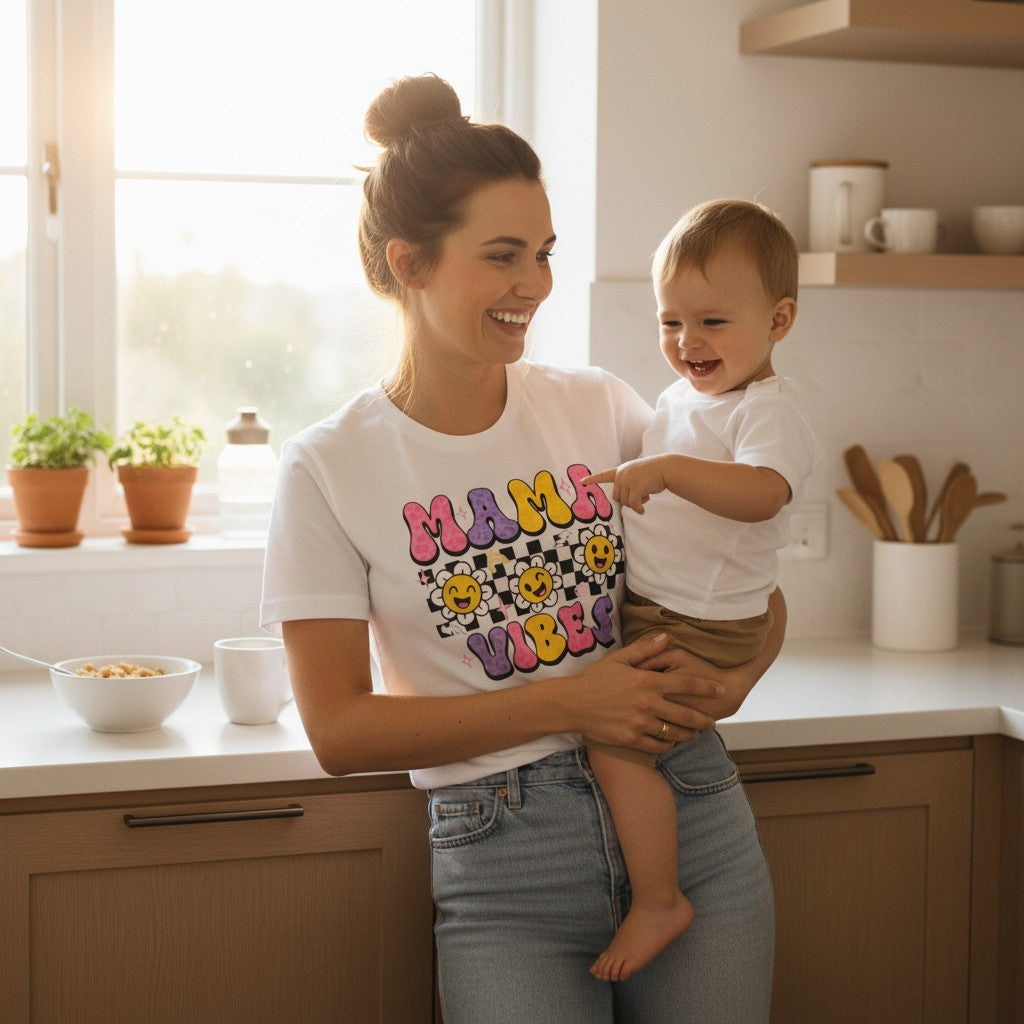 Mama Vibes Graphic T-Shirt 100% Ring-Spun Cotton Crewneck Short Sleeve
