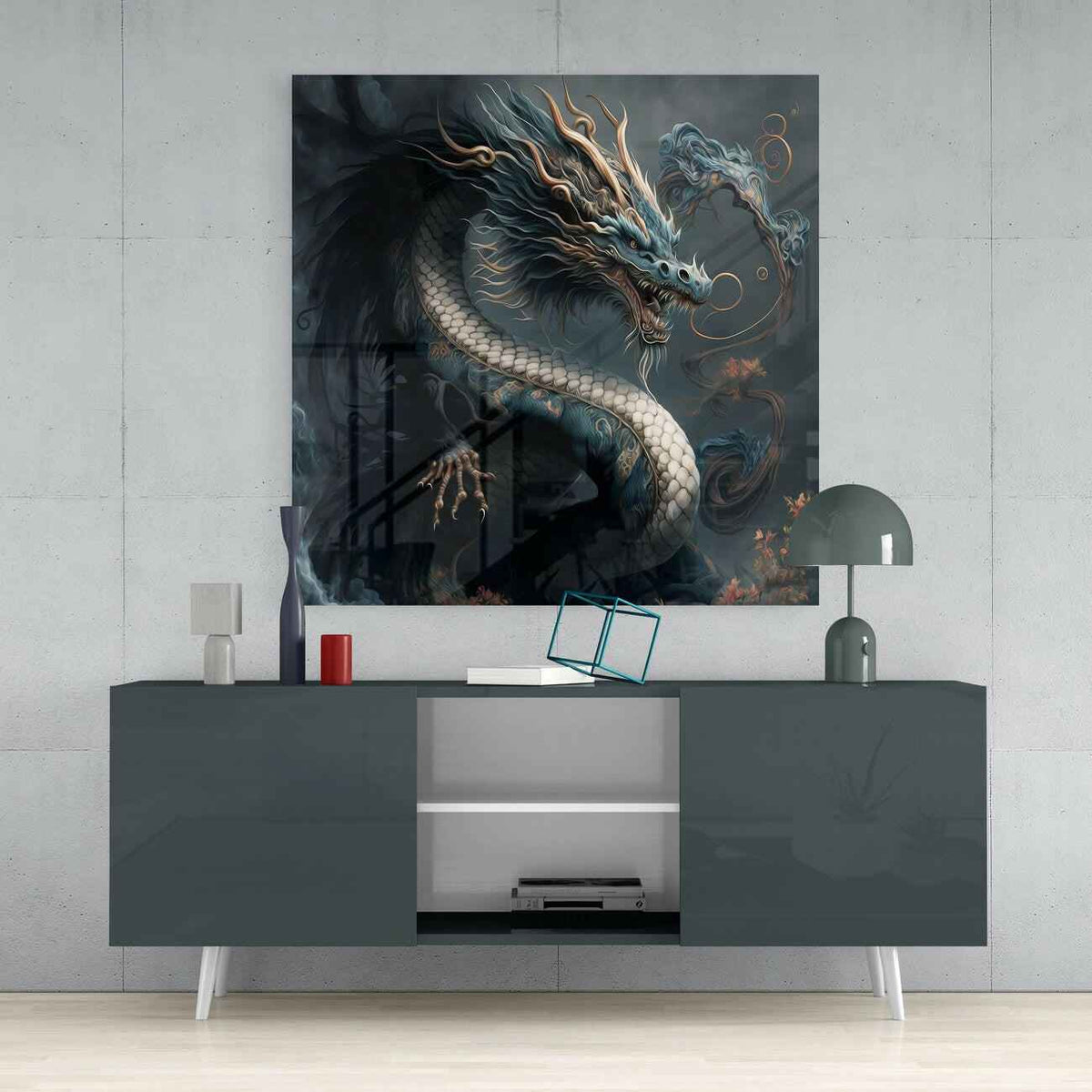 Dark Oriental Dragon Gold Whiskers Glass Wall Art