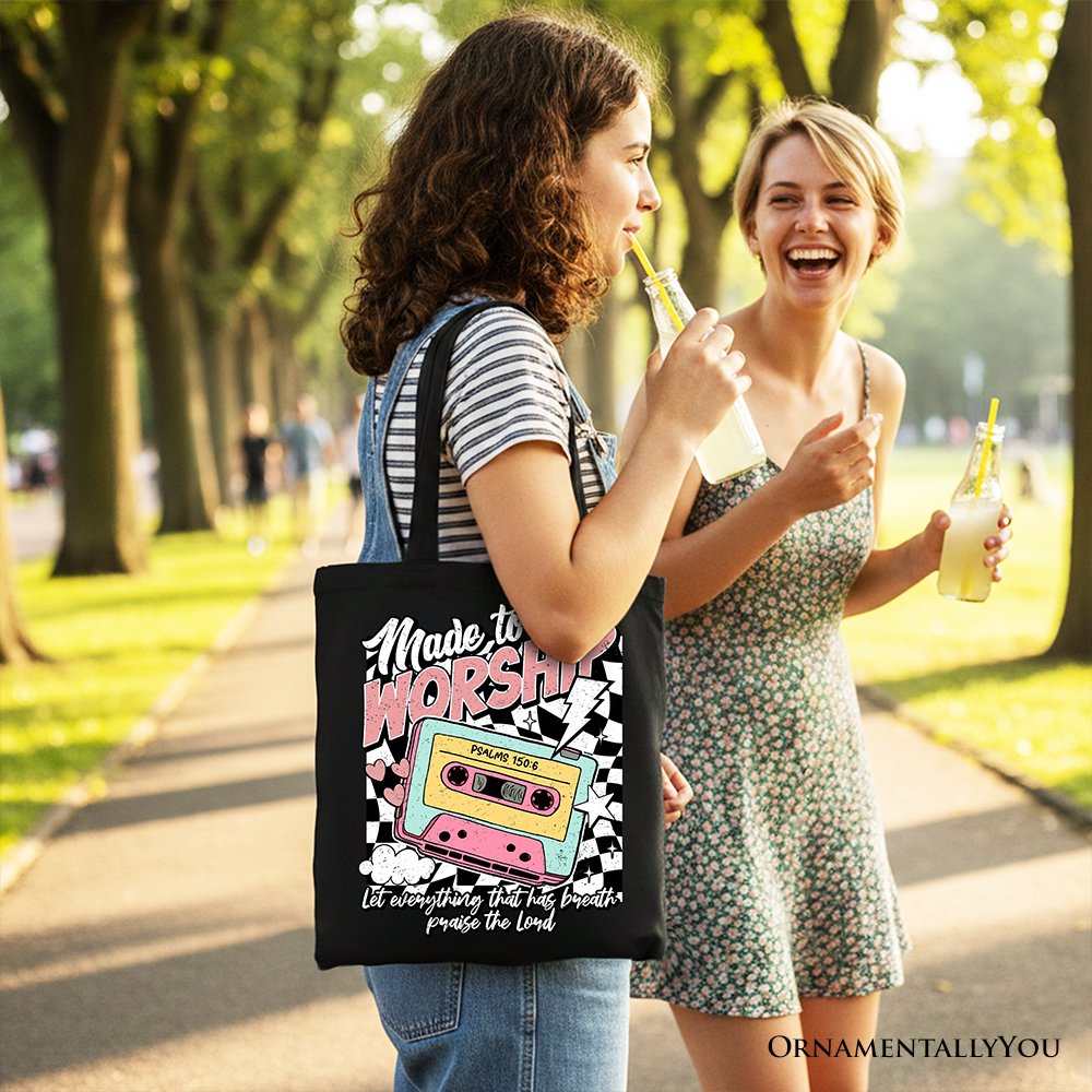 Made to Worship Christian Retro Tote Bag, Psalm 150:6 Bible Verse Gift Shopper - Shaketea