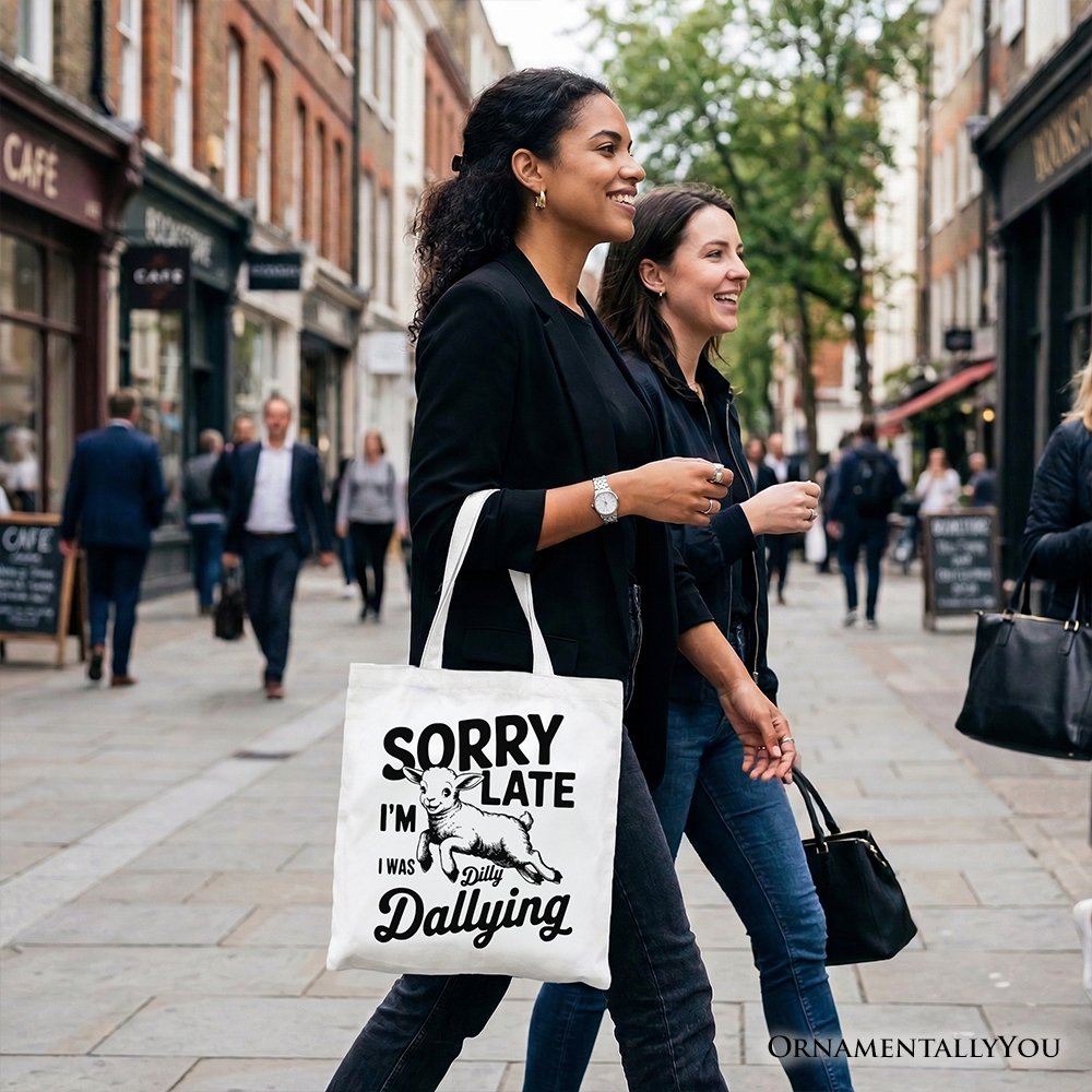 Sorry I'm Late Funny Lamb Tote Bag, Retro Dilly Dallying Gift Shopper for Quirky Women - Shaketea