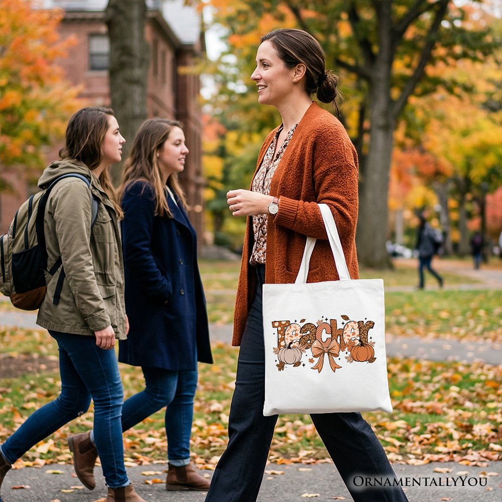 Teacher Coquette Autumn Tote Bag, Cozy Fall Pumpkin Gift Shopper for Educators - Shaketea