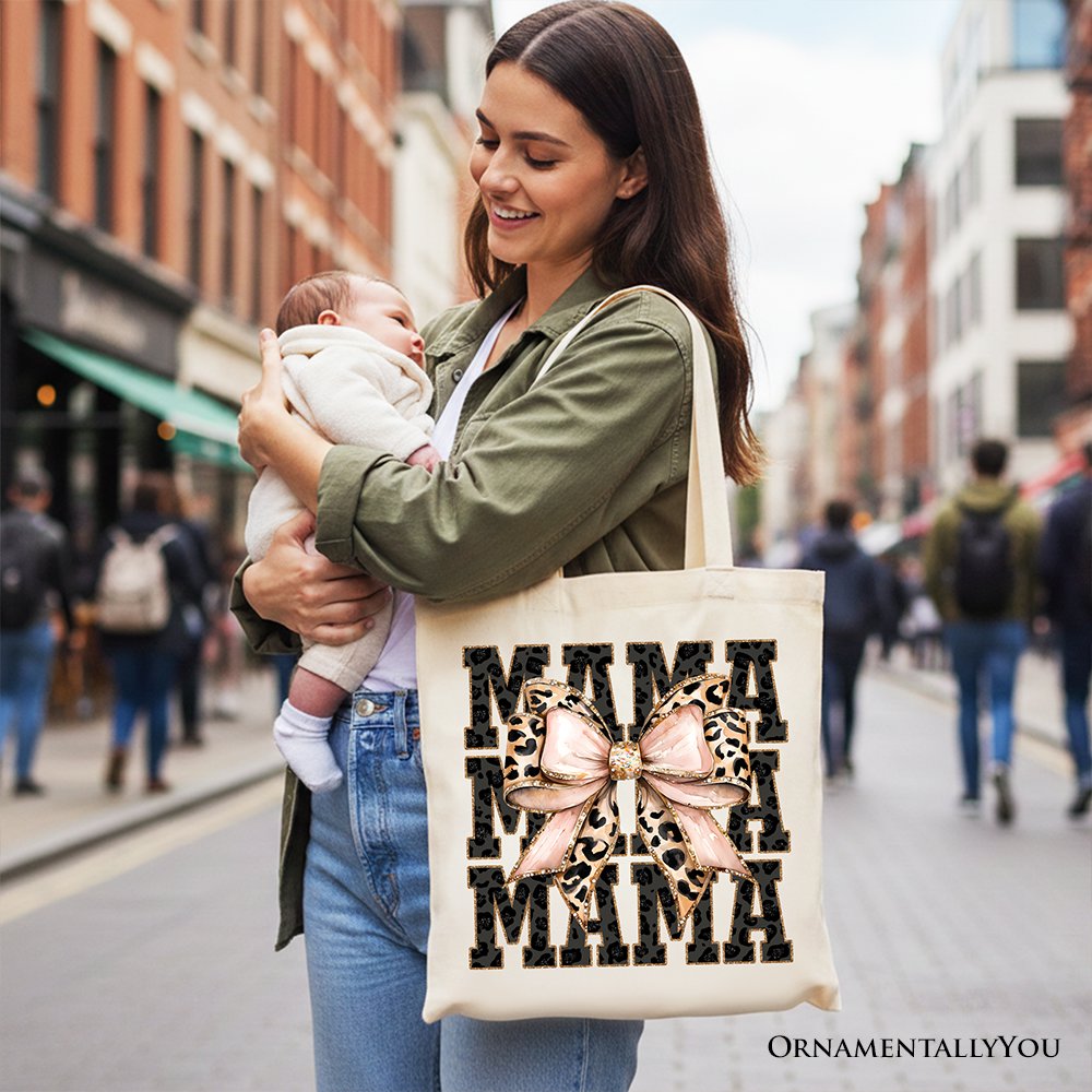 Glitter Leopard Mama Tote Bag, Coquette Bow Gift Shopper for Glam and Trendy Mothers - Shaketea