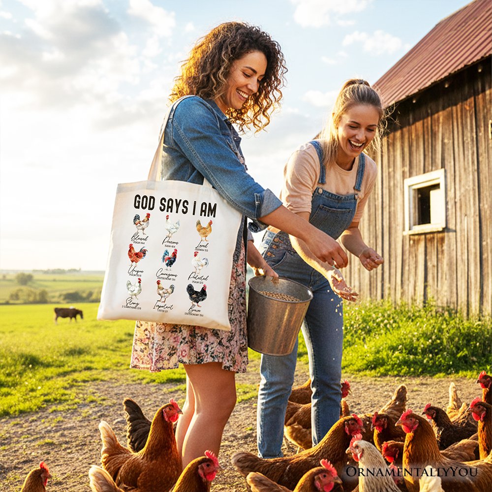 God Says I Am Christian Tote Bag, Rooster and Chicken Gift Shopper for Farm Style Lovers - Shaketea