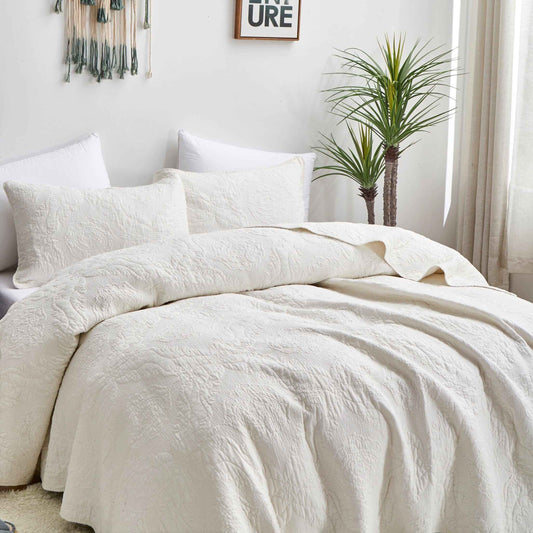 Tache Vanilla Cream Ivory Paisley Damask Stitch Matelassé Cotton Quilt Set (JHW-643)