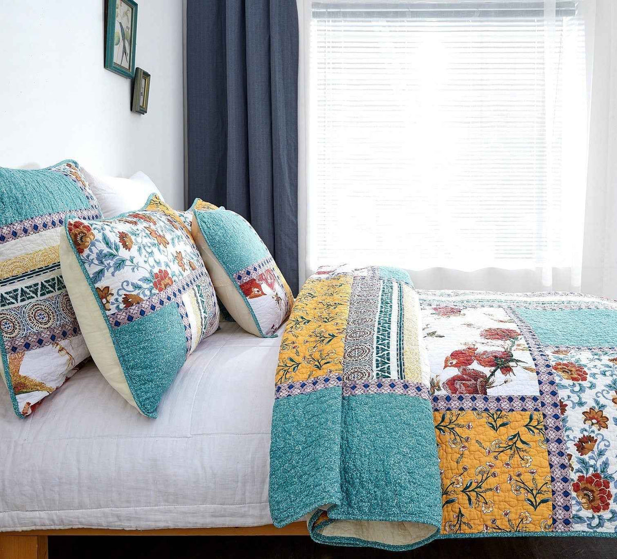 Tache Cotton Patchwork Blue Yellow Old World Hummingbirds Garden Pillow Sham (JHW-936)