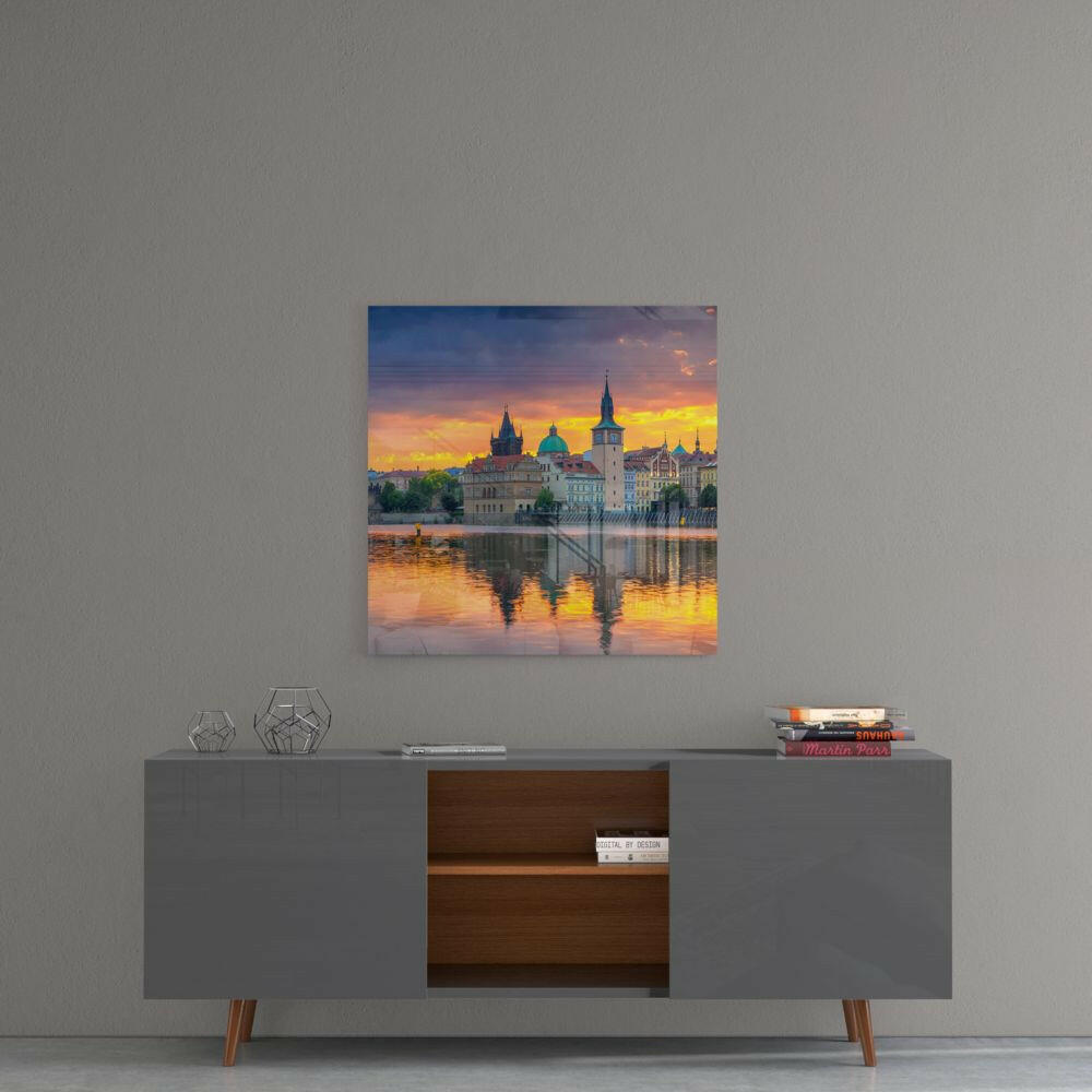 Golden Sunset Prague Riverside Skyline Glass Wall Art