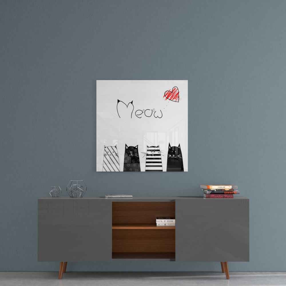 Four Striped Cats Meow Red Heart Glass Wall Art