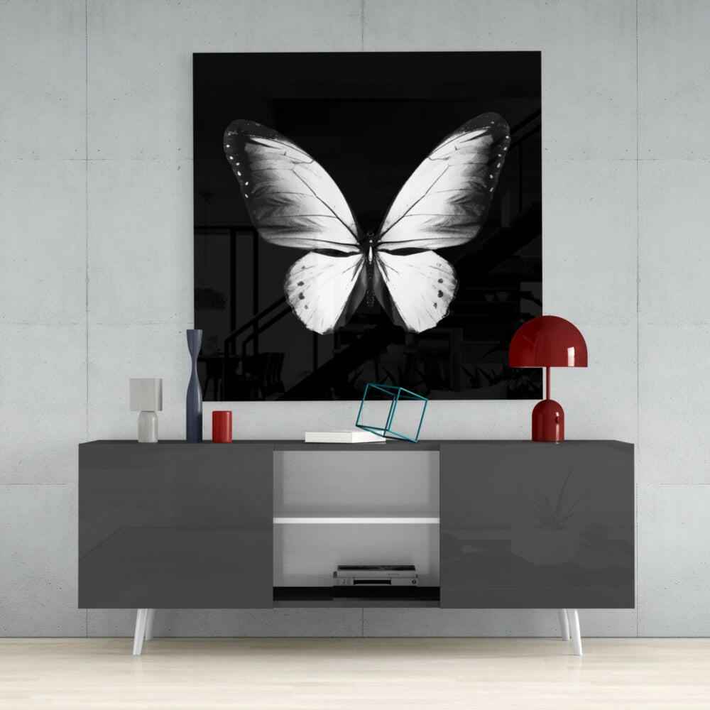 White Wings On Black Butterfly Glass Wall Art