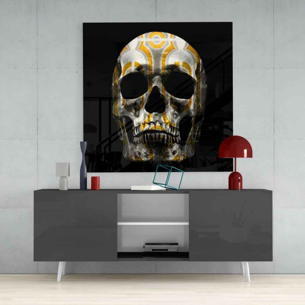 Gold Filigree White Skull Glass Wall Art