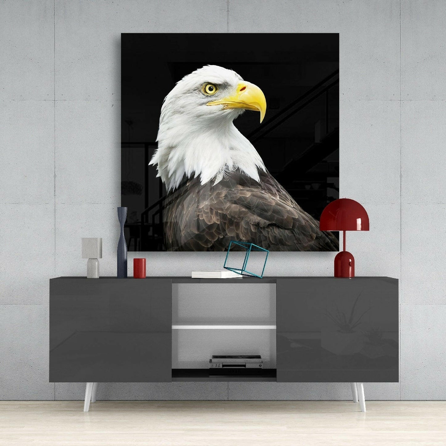 Bald Eagle Head Black Square Glass Wall Art