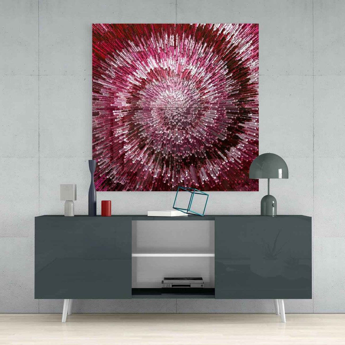 Crimson Radial Burst Explosion Glass Wall Art
