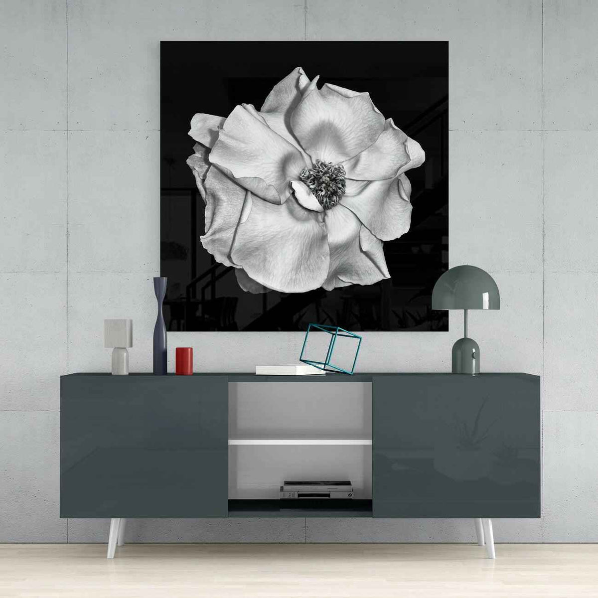 Monochrome White Rose Glass Wall Art
