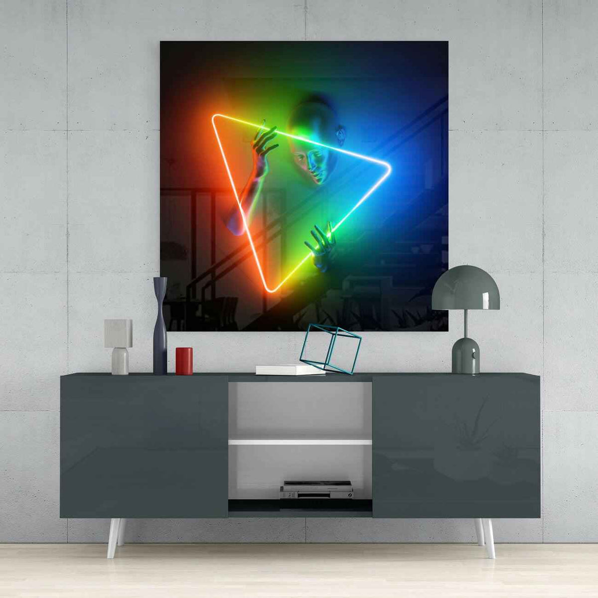 Rainbow Neon Inverted Triangle Figure Glass Wall Art
