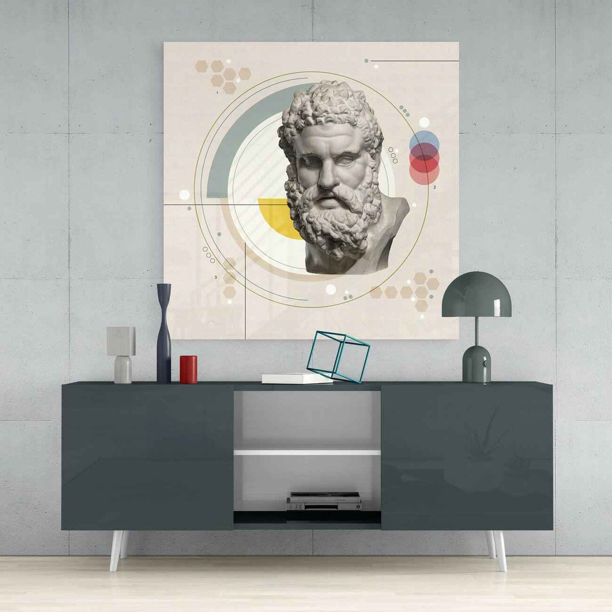 Bauhaus Circle Bearded Statue Bust Glass Wall Art