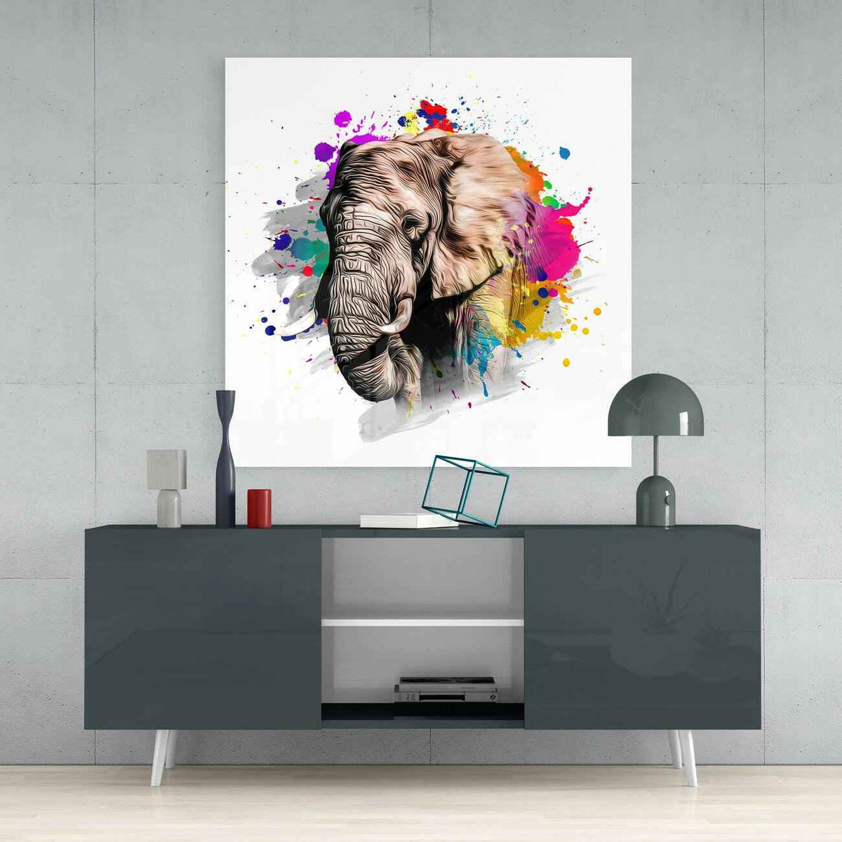 Paint Splash Elephant Head White Glass Wall Art