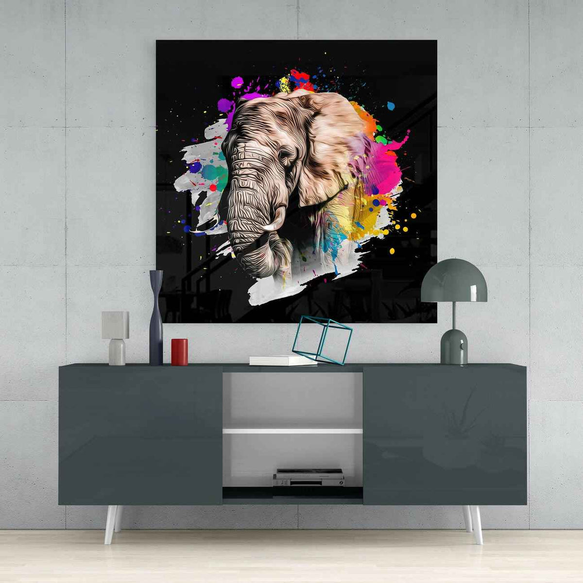 Paint Splash Elephant Head Black Glass Wall Art