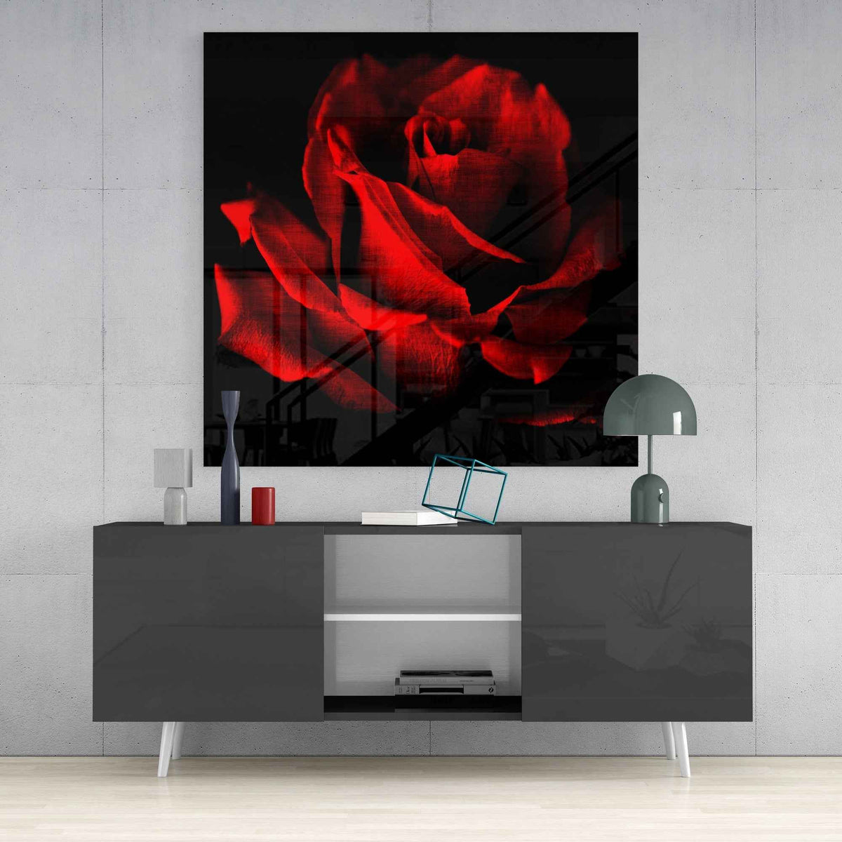 Crimson Rose Bloom on Black Glass Wall Art