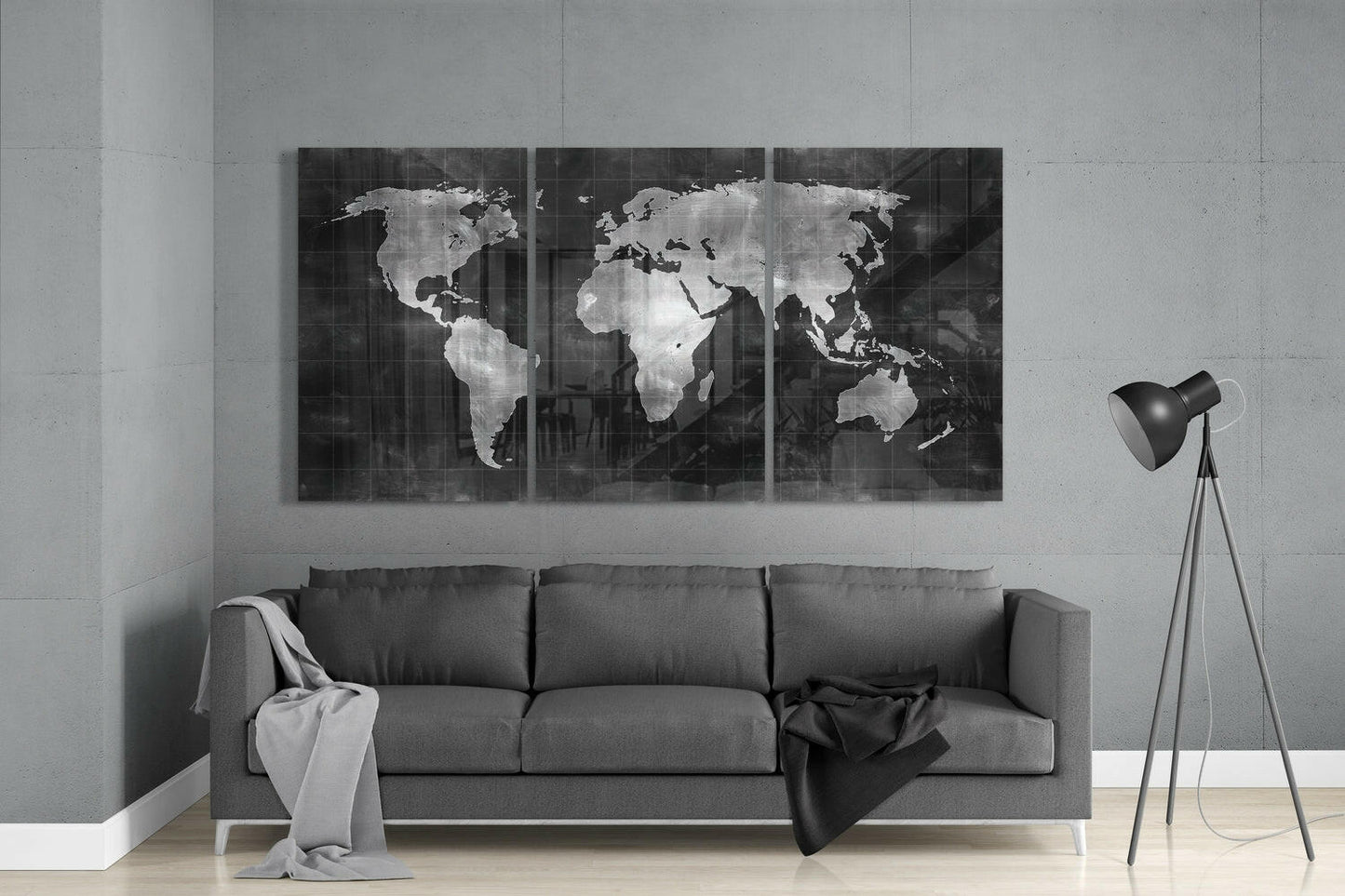 Silver Chalkboard World Map Glass Wall Art
