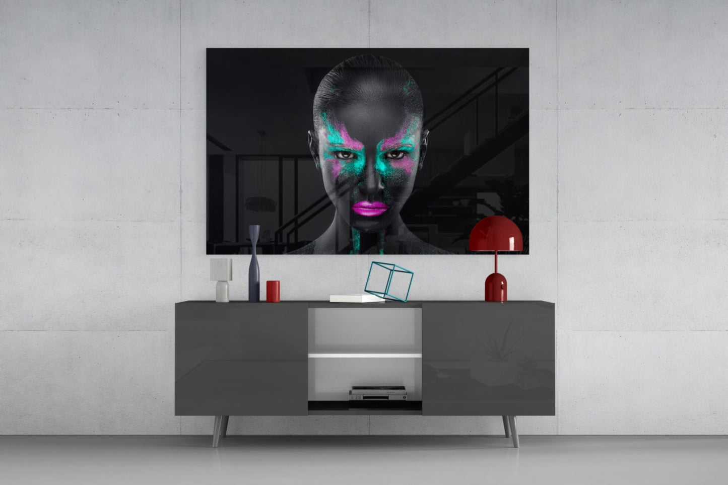 Magenta Teal Powder Face Woman Glass Wall Art