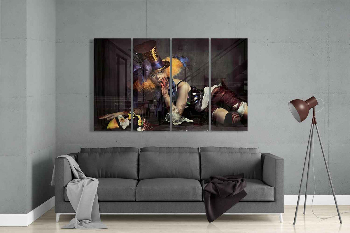Woman Clown 4 Pieces Mega Glass Wall Art (59"x36")