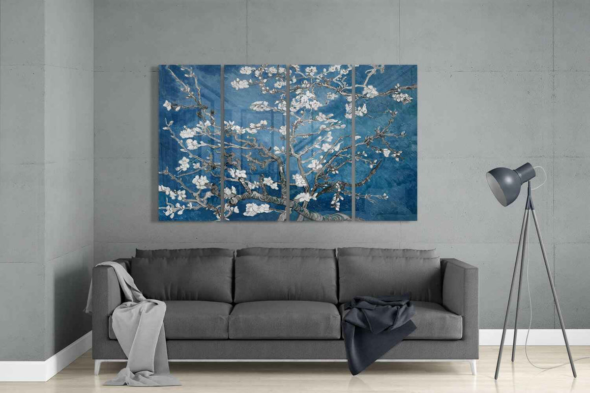 Deep Blue Sakura Blossom Branches 4 Pieces Mega Glass Wall Art