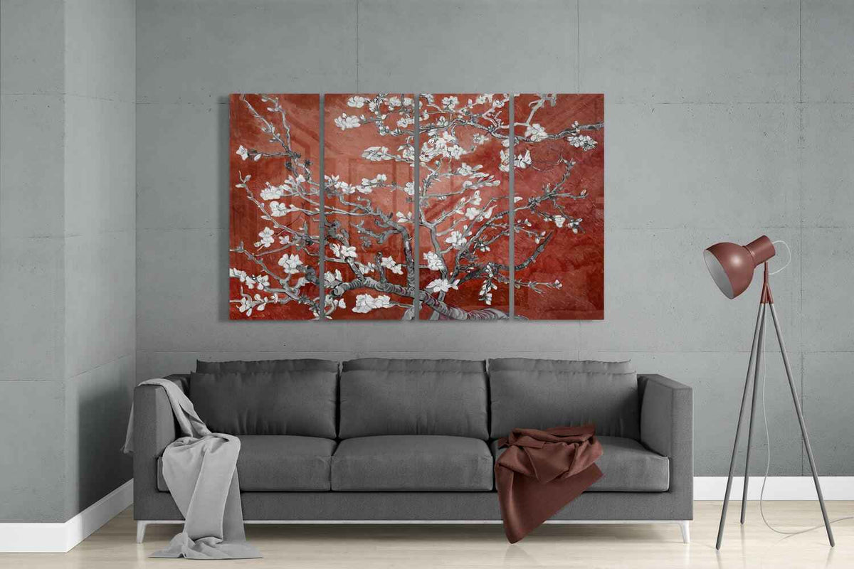 Terracotta Red Sakura Blossom Branches 4 Pieces Mega Glass Wall Art