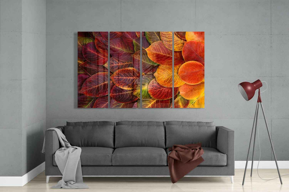 Crimson Fallen Autumn Leaf Pile 4 Pieces Mega Glass Wall Art