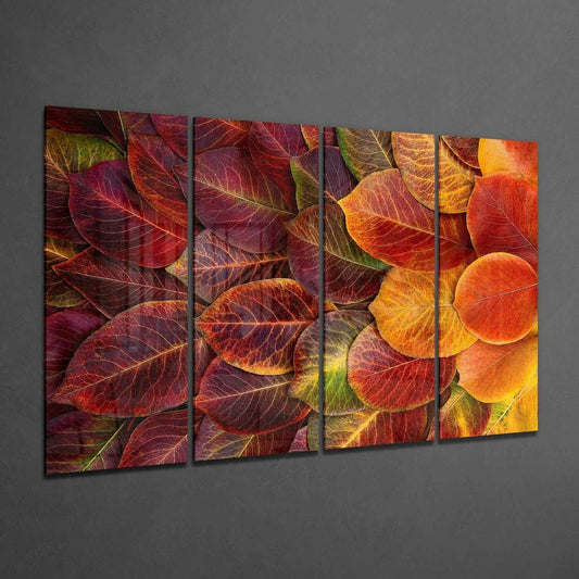 Crimson Fallen Autumn Leaf Pile 4 Pieces Mega Glass Wall Art