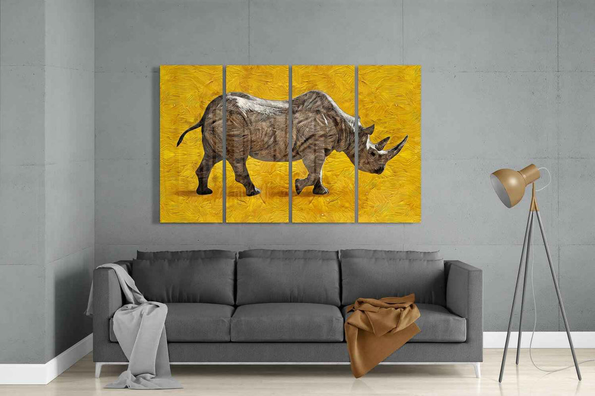 Walking Rhino on Golden Yellow 4 Pieces Mega Glass Wall Art