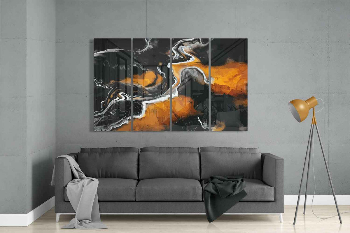 Molten Orange Lava Charcoal Flow 4 Pieces Mega Glass Wall Art