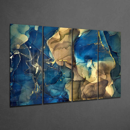 Blue Gold Tan Marble Glass Wall Art - Shaketea