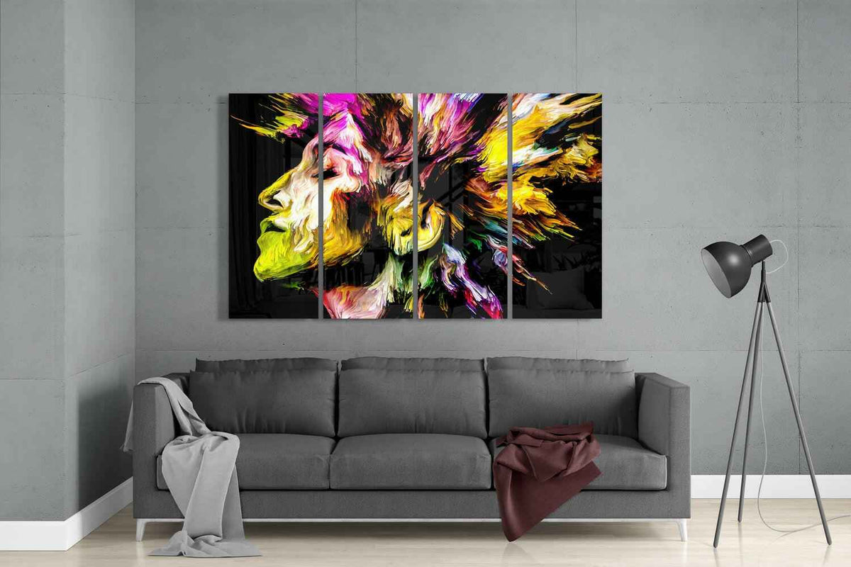 Yellow Pink Paint Burst Facing Left 4 Pieces Mega Glass Wall Art