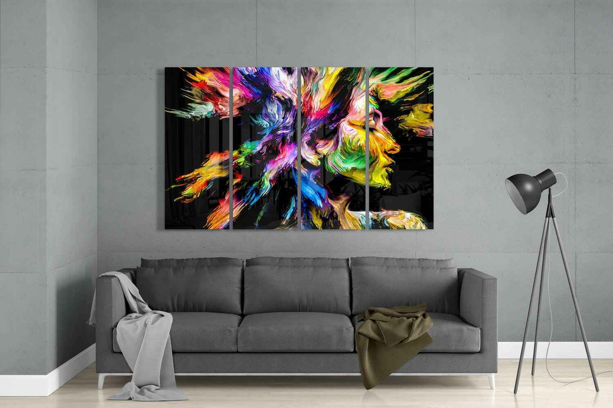 Blue Purple Paint Splash Woman Profile 4 Pieces Mega Glass Wall Art
