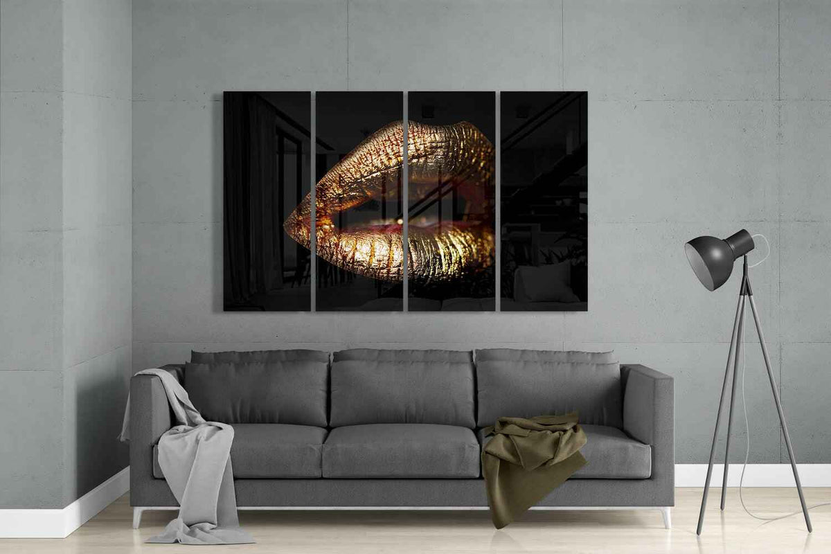Golden Metallic Lips on Black 4 Pieces Mega Glass Wall Art