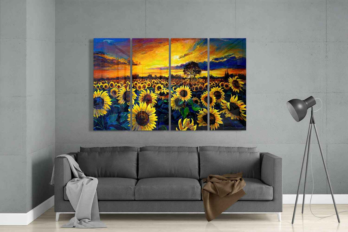 Sunflowers 4 Pieces Mega Glass Wall Art (59"x36")