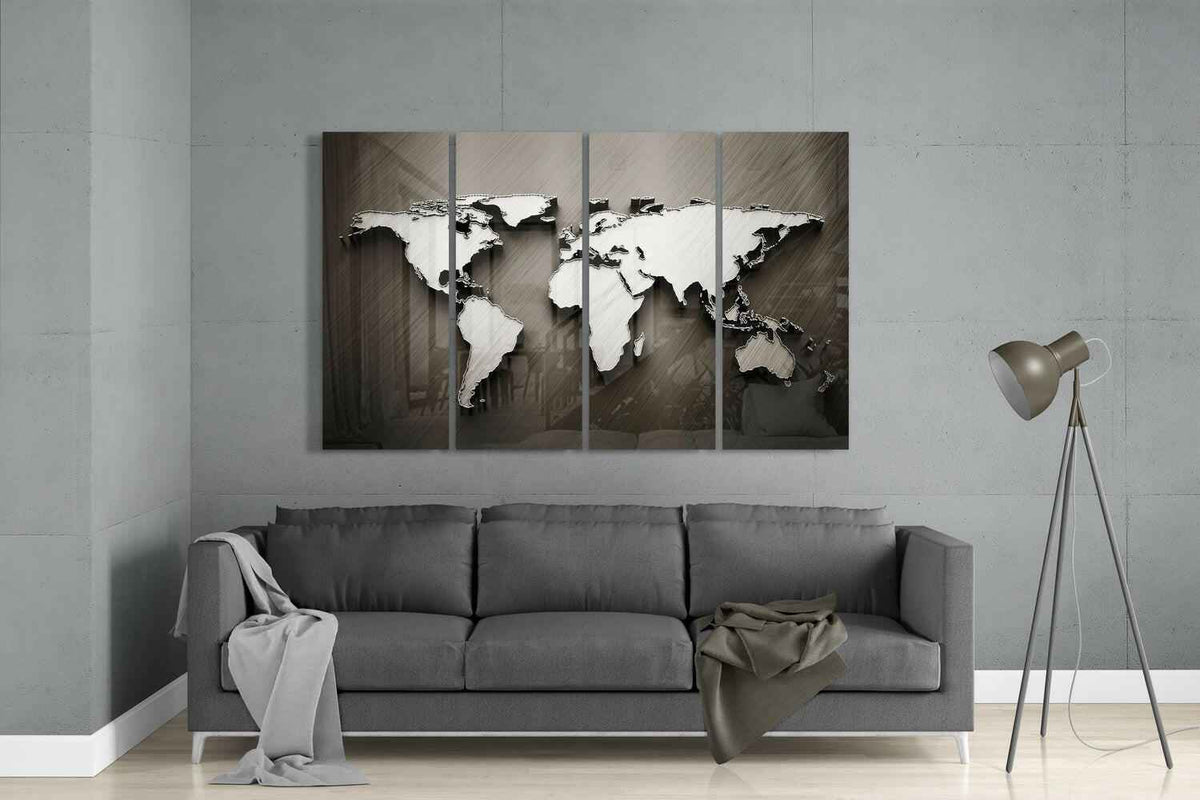 Embossed 3D World Map Bronze Glass Wall Art