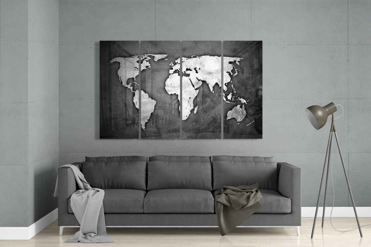 Grunge White World Map Glass Wall Art