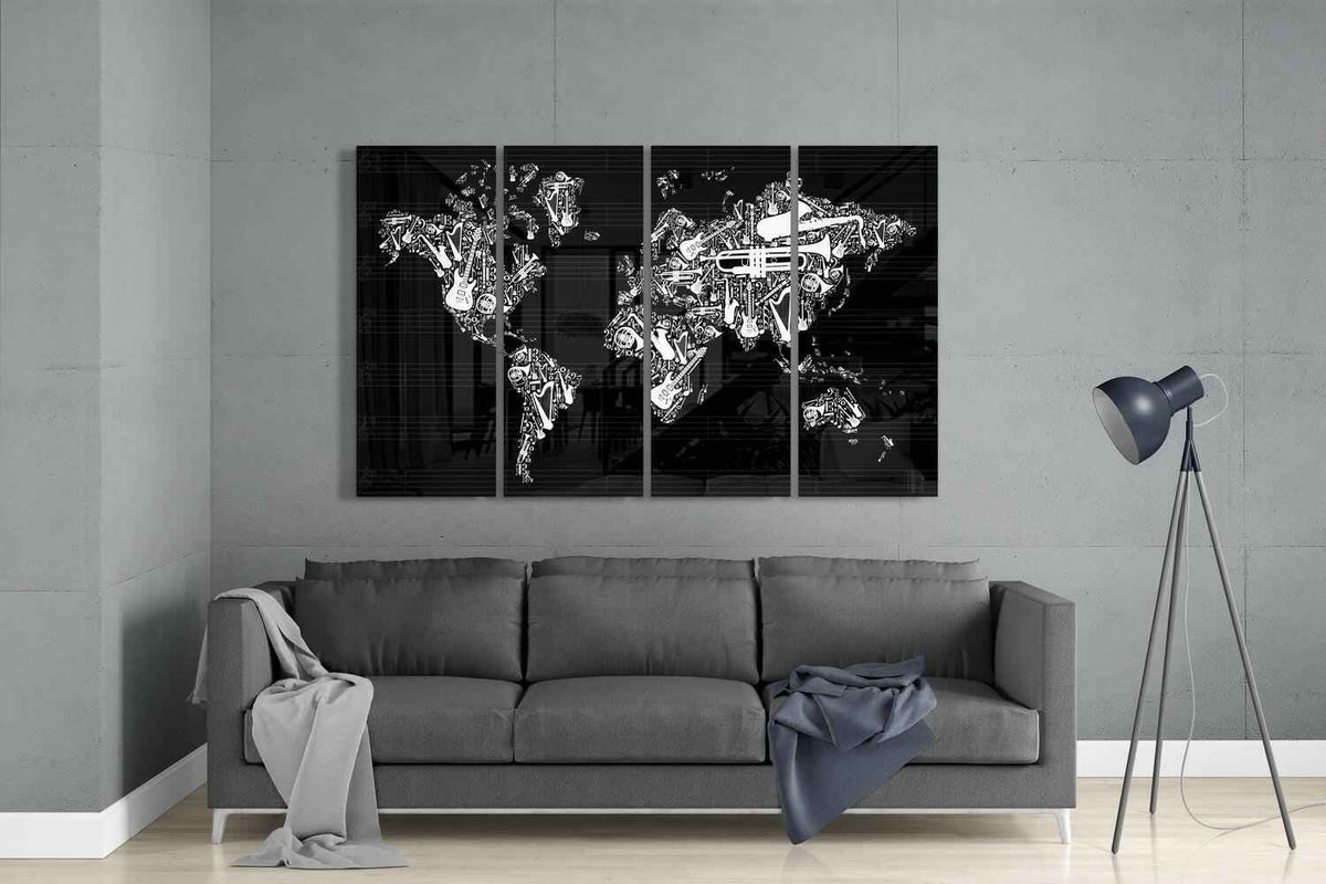 Musical Instruments World Map Glass Wall Art