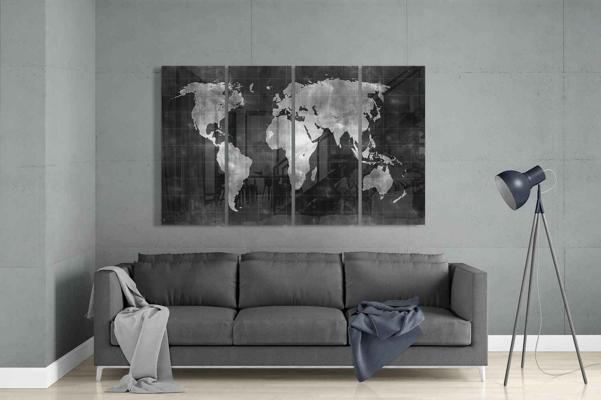 Chalkboard Silver World Map Glass Wall Art
