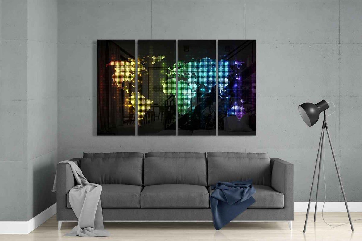Neon Dot Rainbow World Map Glass Wall Art