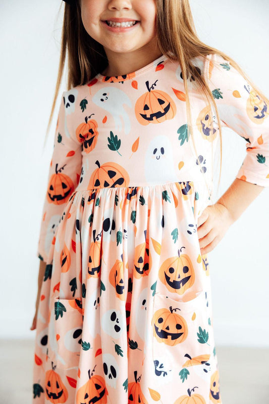 Pumpkin Peekaboo 3/4 Sleeve Pocket Twirl Dress - Shaketea