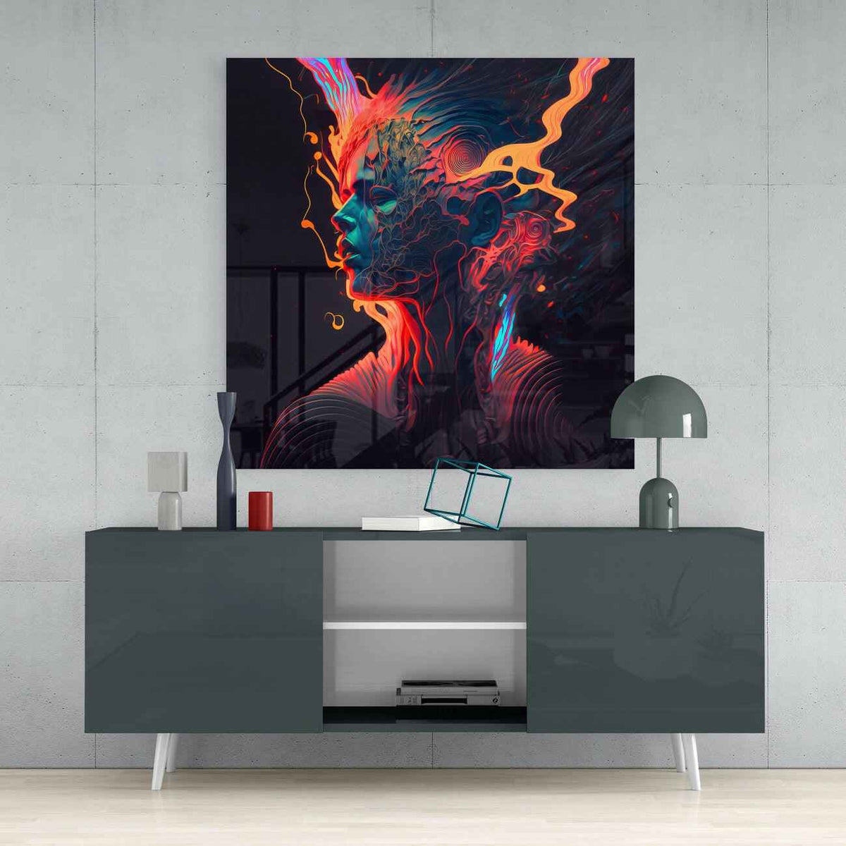 Orange Flame Ripple Head Profile Glass Wall Art