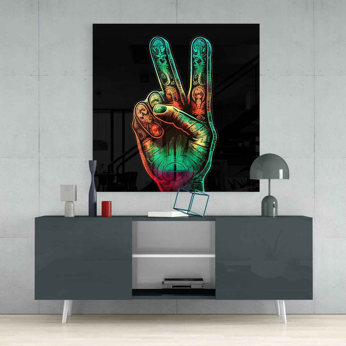 Colorful Peace Fingers Hand Sign Glass Wall Art